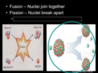 • Fusion – Nuclei join together
• Fission – Nuclei break apart
– Electrons are released – radiation / heat
Copyright © 2010 Ryan P. Murphy
 