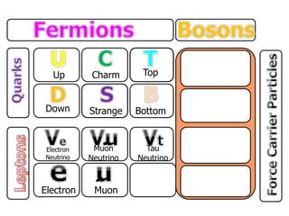 Up
Down
Charm
Strange
Top
Bottom
Electron
Neutrino
Electron
Muon
Neutrino
Muon
Tau
Neutrino
 