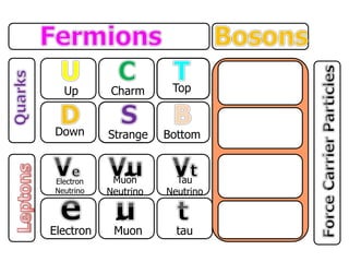 Up
Down
Charm
Strange
Top
Bottom
Electron
Neutrino
Electron
Muon
Neutrino
Muon
Tau
Neutrino
tau
 
