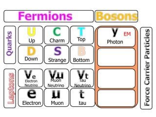 Up
Down
Charm
Strange
Top
Bottom
Electron
Neutrino
Electron
Muon
Neutrino
Muon
Tau
Neutrino
tau
Photon
EM
 