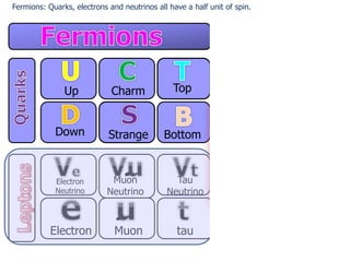 Up
Down
Charm
Strange
Top
Bottom
Electron
Neutrino
Electron
Muon
Neutrino
Muon
Tau
Neutrino
tau
Photon
Z Boson
W Boson
Gluon
EM
Weak
Weak
Strong
Fermions: Quarks, electrons and neutrinos all have a half unit of spin.
 