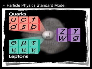 • Particle Physics Standard Model
• Everything in the universe is made from
twelve building blocks called fundamental
particles. These particles are governed by
four fundamental forces.
– Our best understanding of how these twelve
particles and three of the forces are related to
each other is encapsulated in the Standard
Model of particles and forces.
 
