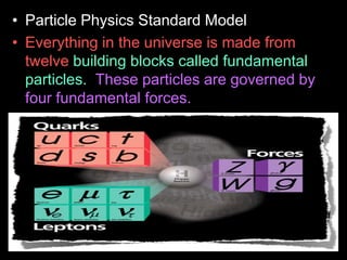 • Particle Physics Standard Model
• Everything in the universe is made from
twelve building blocks called fundamental
particles. These particles are governed by
four fundamental forces.
– Our best understanding of how these twelve
particles and three of the forces are related to
each other is encapsulated in the Standard
Model of particles and forces.
 