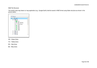 CAAM/BOP/UAS/ATF/02-01
Page 11 of 15
KMZ File Structure
The activity area map drawn on map application (e.g.: Google Earth) shall be saved in KMZ format using folder structure as shown in the
picture below: -
GZ – Green Zone
YZ – Yellow Zone
RZ – Red Zone
BZ – Blue Zone
 