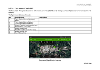 CAAM/BOP/UAS/ATF/02-01
Page 12 of 15
PART B – Flight Mission (If Applicable)
The Accountable Manager shall submit the flight mission (screenshot) if UAS activity utilizing automated flight assistance for its navigation and
operation.
The flight mission details shall include: -
No Flight Mission Description
1 Flight Mission Planner Application
Name
2
Flight Mission Planner Platform
(Android/iOS/Windows/Others)
3 Mission Type (Survey, Inspection, etc)
4 Total Distance Travel (km)
5 Mission Speed (m/s)
6 Total Mission Time Estimation (min)
7 Mission Altitude (m)
8 No. of Battery Use
Automated Flight Mission Example
 