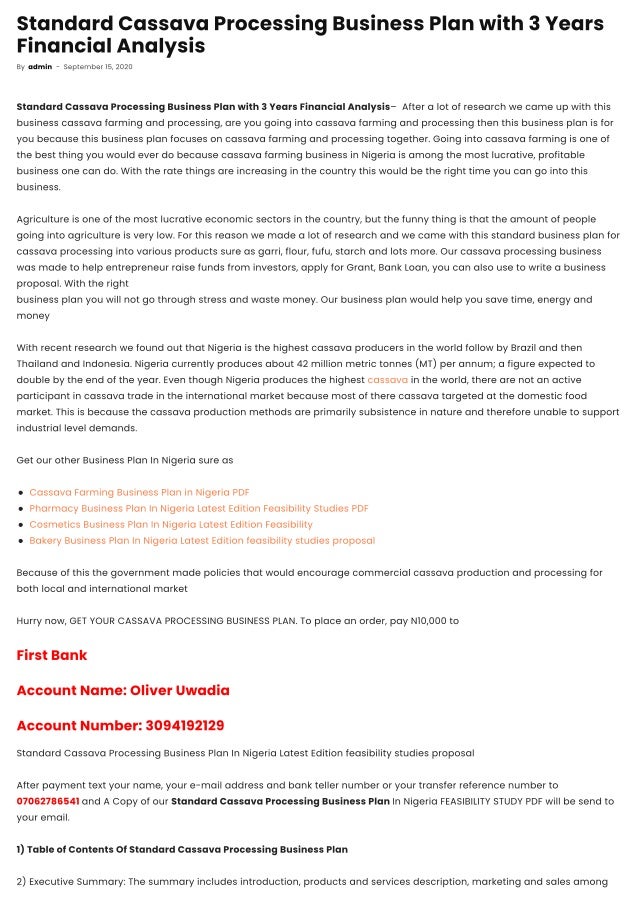 Standard Cassava processing business plan with 3 years financial analysis