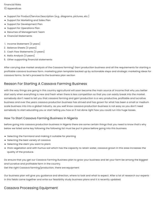 Standard Cassava processing business plan with 3 years financial analysis