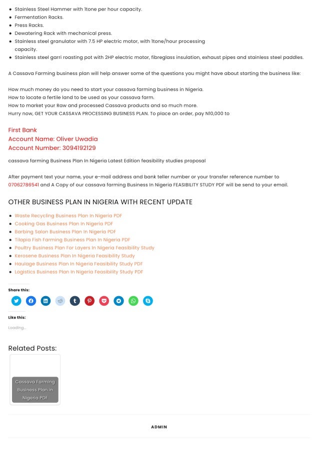 Standard Cassava processing business plan with 3 years financial analysis