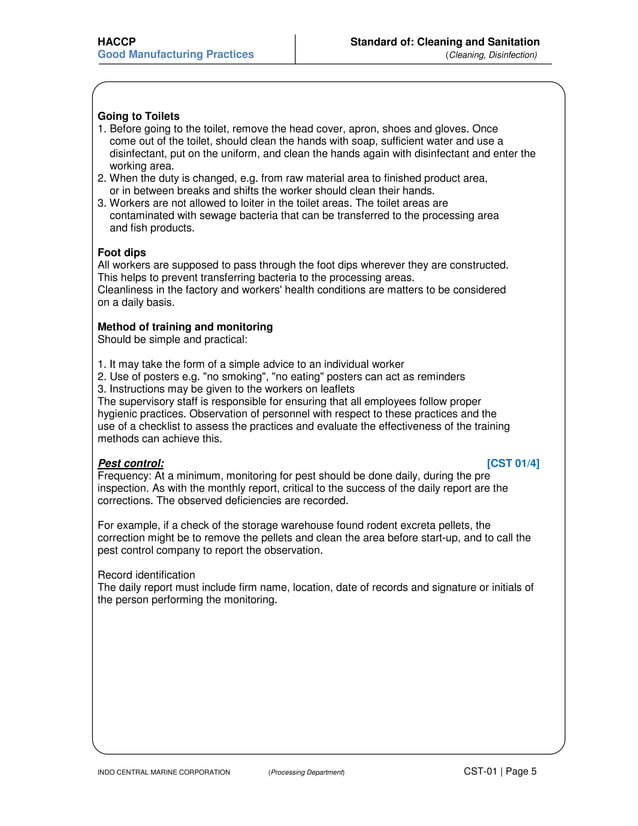 CLEANING AND SANITATION STANDARD