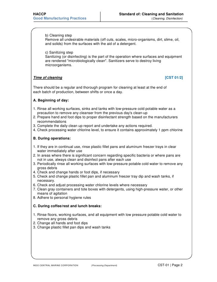 CLEANING AND SANITATION STANDARD