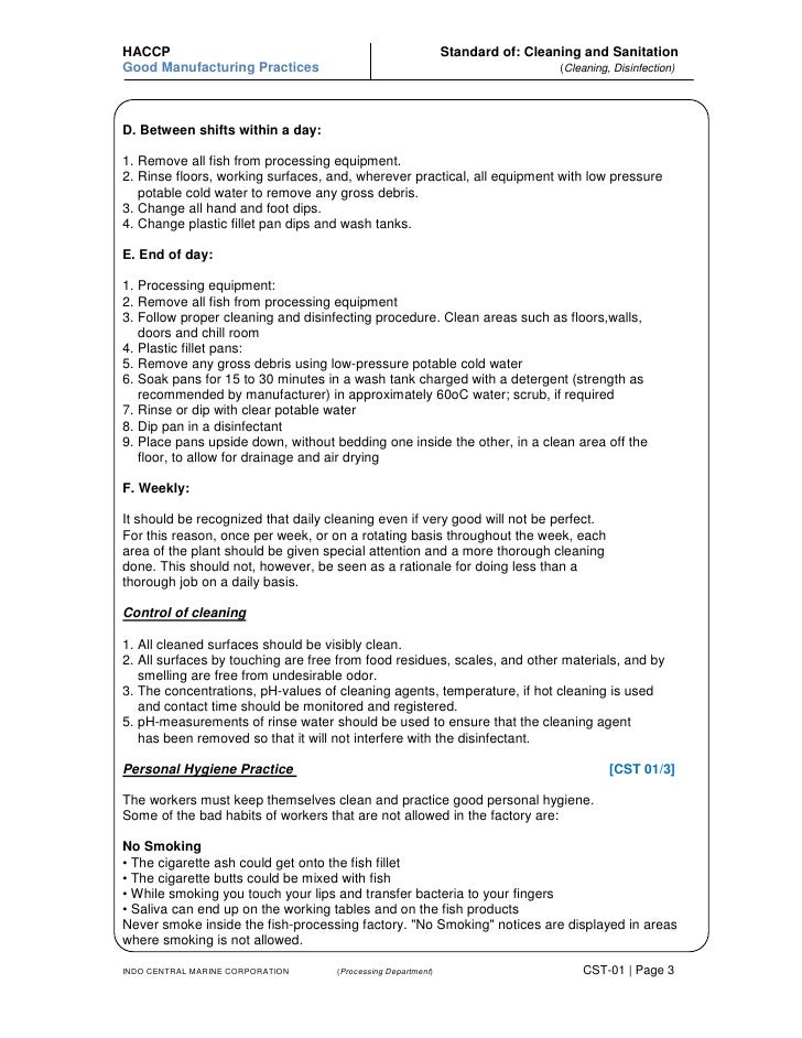 CLEANING AND SANITATION STANDARD