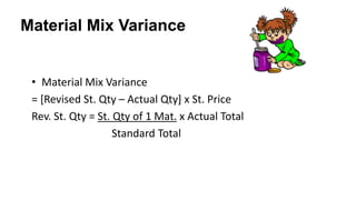 Material Mix Variance
• Material Mix Variance
= [Revised St. Qty – Actual Qty] x St. Price
Rev. St. Qty = St. Qty of 1 Mat. x Actual Total
Standard Total
 