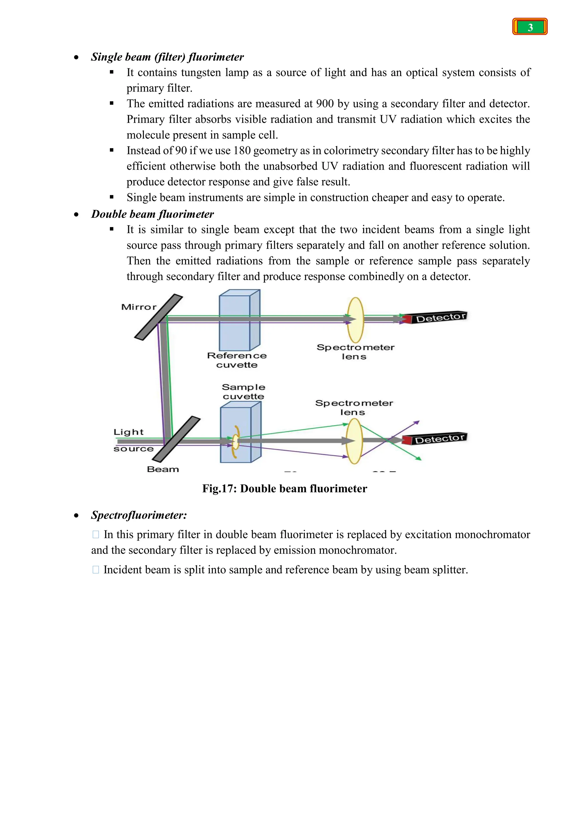 3
 Single beam (filter) fluorimeter
 It contains tungsten lamp as a source of light and has an optical system consists of
primary filter.
 The emitted radiations are measured at 900 by using a secondary filter and detector.
Primary filter absorbs visible radiation and transmit UV radiation which excites the
molecule present in sample cell.
 Instead of 90 if we use 180 geometry as in colorimetry secondary filter has to be highly
efficient otherwise both the unabsorbed UV radiation and fluorescent radiation will
produce detector response and give false result.
 Single beam instruments are simple in construction cheaper and easy to operate.
 Double beam fluorimeter
 It is similar to single beam except that the two incident beams from a single light
source pass through primary filters separately and fall on another reference solution.
Then the emitted radiations from the sample or reference sample pass separately
through secondary filter and produce response combinedly on a detector.
 Spectrofluorimeter:
 In this primary filter in double beam fluorimeter is replaced by excitation monochromator
and the secondary filter is replaced by emission monochromator.
 Incident beam is split into sample and reference beam by using beam splitter.
Fig.17: Double beam fluorimeter
 