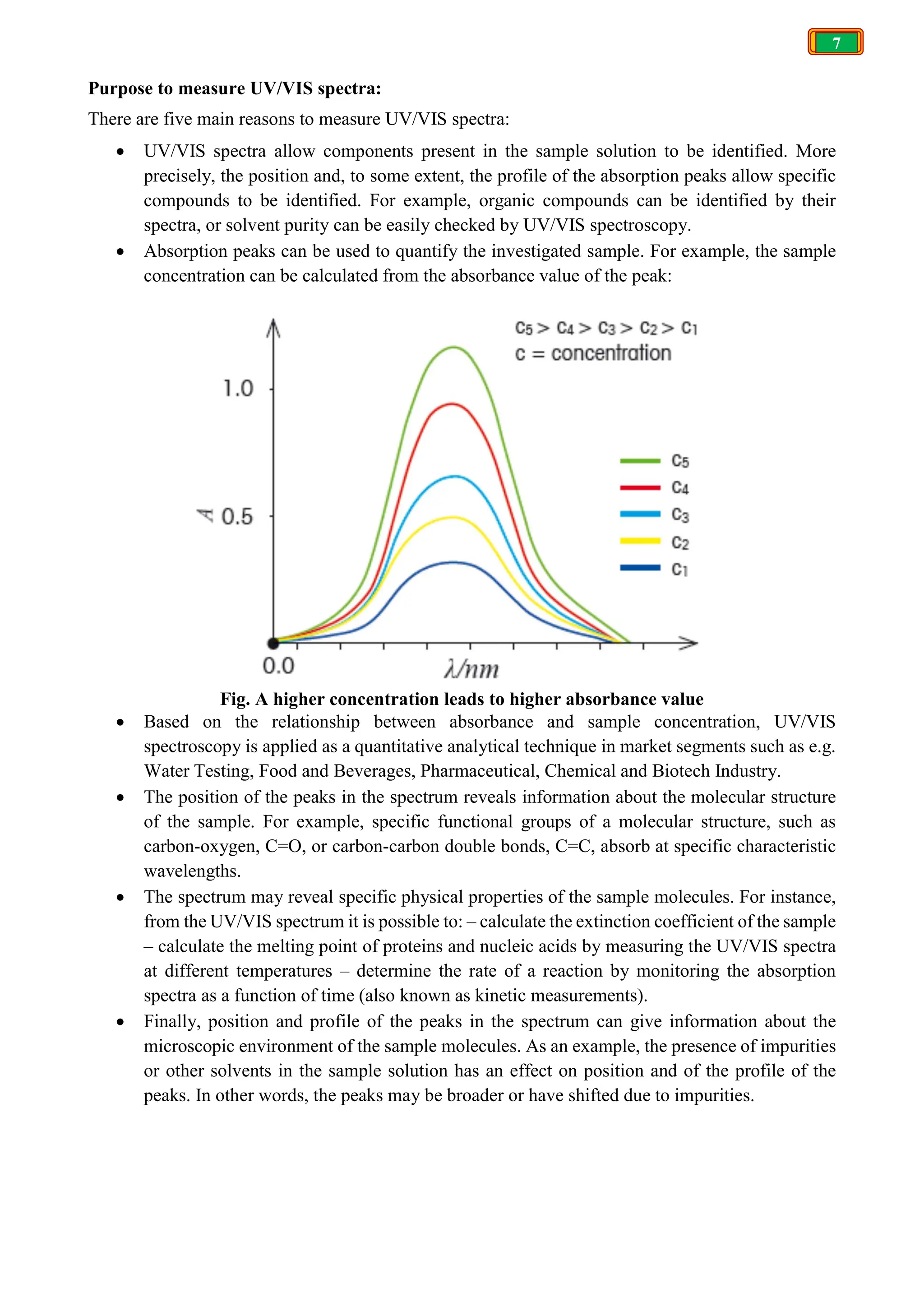 7
Purpose to measure UV/VIS spectra:
There are five main reasons to measure UV/VIS spectra:
 UV/VIS spectra allow components present in the sample solution to be identified. More
precisely, the position and, to some extent, the profile of the absorption peaks allow specific
compounds to be identified. For example, organic compounds can be identified by their
spectra, or solvent purity can be easily checked by UV/VIS spectroscopy.
 Absorption peaks can be used to quantify the investigated sample. For example, the sample
concentration can be calculated from the absorbance value of the peak:
Fig. A higher concentration leads to higher absorbance value
 Based on the relationship between absorbance and sample concentration, UV/VIS
spectroscopy is applied as a quantitative analytical technique in market segments such as e.g.
Water Testing, Food and Beverages, Pharmaceutical, Chemical and Biotech Industry.
 The position of the peaks in the spectrum reveals information about the molecular structure
of the sample. For example, specific functional groups of a molecular structure, such as
carbon-oxygen, C=O, or carbon-carbon double bonds, C=C, absorb at specific characteristic
wavelengths.
 The spectrum may reveal specific physical properties of the sample molecules. For instance,
from the UV/VIS spectrum it is possible to: – calculate the extinction coefficient of the sample
– calculate the melting point of proteins and nucleic acids by measuring the UV/VIS spectra
at different temperatures – determine the rate of a reaction by monitoring the absorption
spectra as a function of time (also known as kinetic measurements).
 Finally, position and profile of the peaks in the spectrum can give information about the
microscopic environment of the sample molecules. As an example, the presence of impurities
or other solvents in the sample solution has an effect on position and of the profile of the
peaks. In other words, the peaks may be broader or have shifted due to impurities.
 