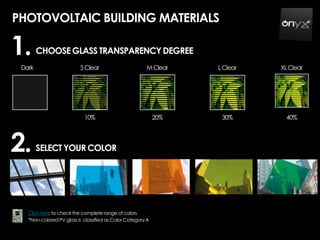 PHOTOVOLTAIC BUILDING MATERIALS
CHOOSEGLASS TRANSPARENCYDEGREE
Dark SClear
10%
MClear
20%
XLClear
40%
LClear
30%
1.
SELECT YOUR COLOR
Click here to check the complete range of colors
2.
*Non-colored PV glass is classifiedas Color CategoryA
 