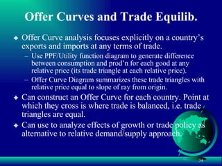 Offer Curves and Trade Equilib. Offer Curve analysis focuses explicitly on a country’s exports and imports at any terms of trade. Use PPF/Utility function diagram to generate difference between consumption and prod’n for each good at any relative price (its trade triangle at each relative price).  Offer Curve Diagram summarizes these trade triangles with relative price equal to slope of ray from origin. Can construct an Offer Curve for each country. Point at which they cross is where trade is balanced, i.e. trade triangles are equal. Can use to analyze effects of growth or trade policy as alternative to relative demand/supply approach. 