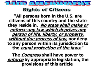 “All persons born in the U.S. are
citizens of this country and the state
they reside in. No state shall make or
enforce any law which deprives any
person of life, liberty, or property,
without due process of law, nor deny
to any person within its jurisdiction to
the equal protection of the laws.”
The Congress shall have power to
enforce by appropriate legislation, the
provisions of this article.
 