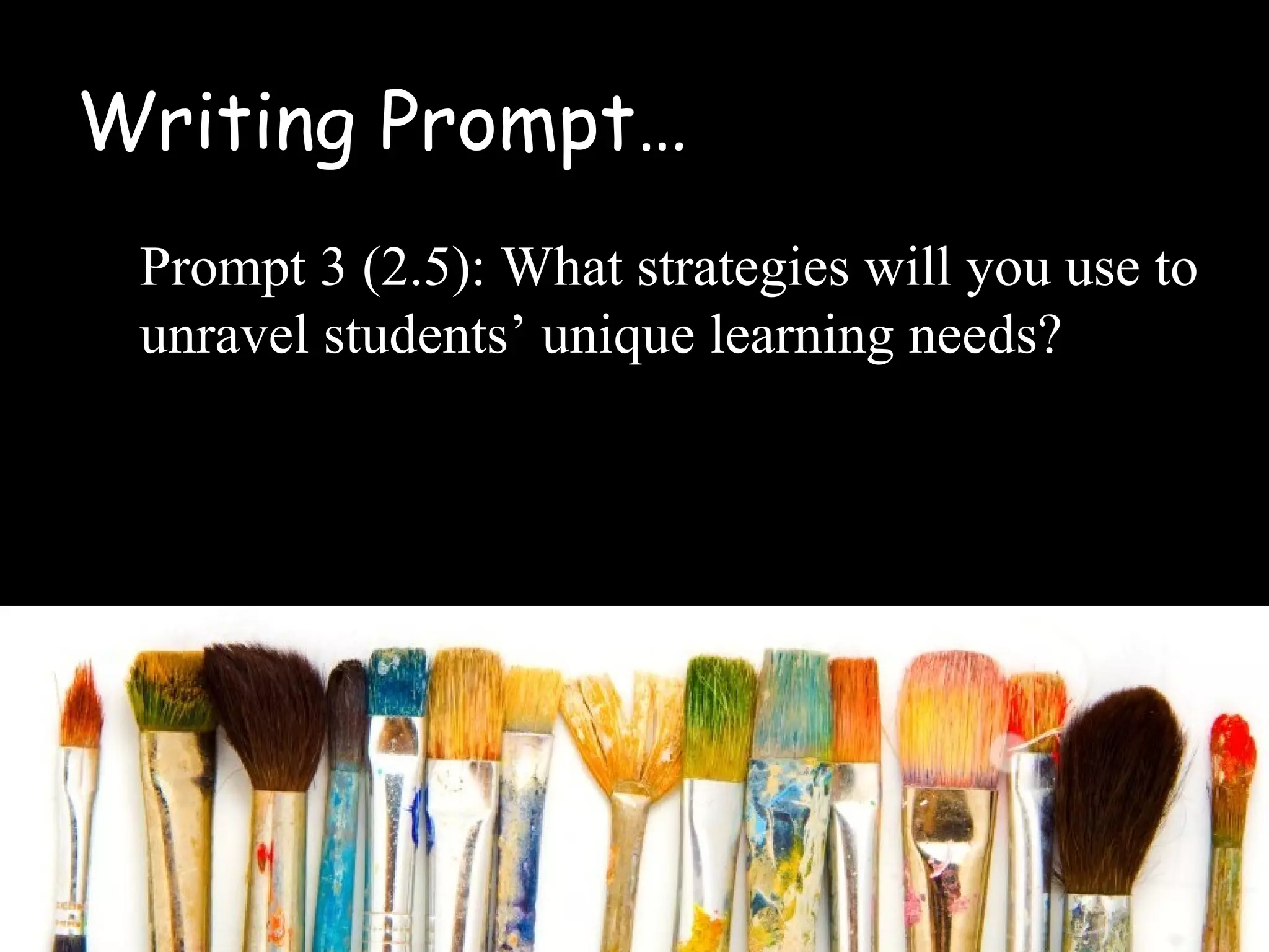 Writing Prompt…
Prompt 3 (2.5): What strategies will you use to
unravel students’ unique learning needs?
 