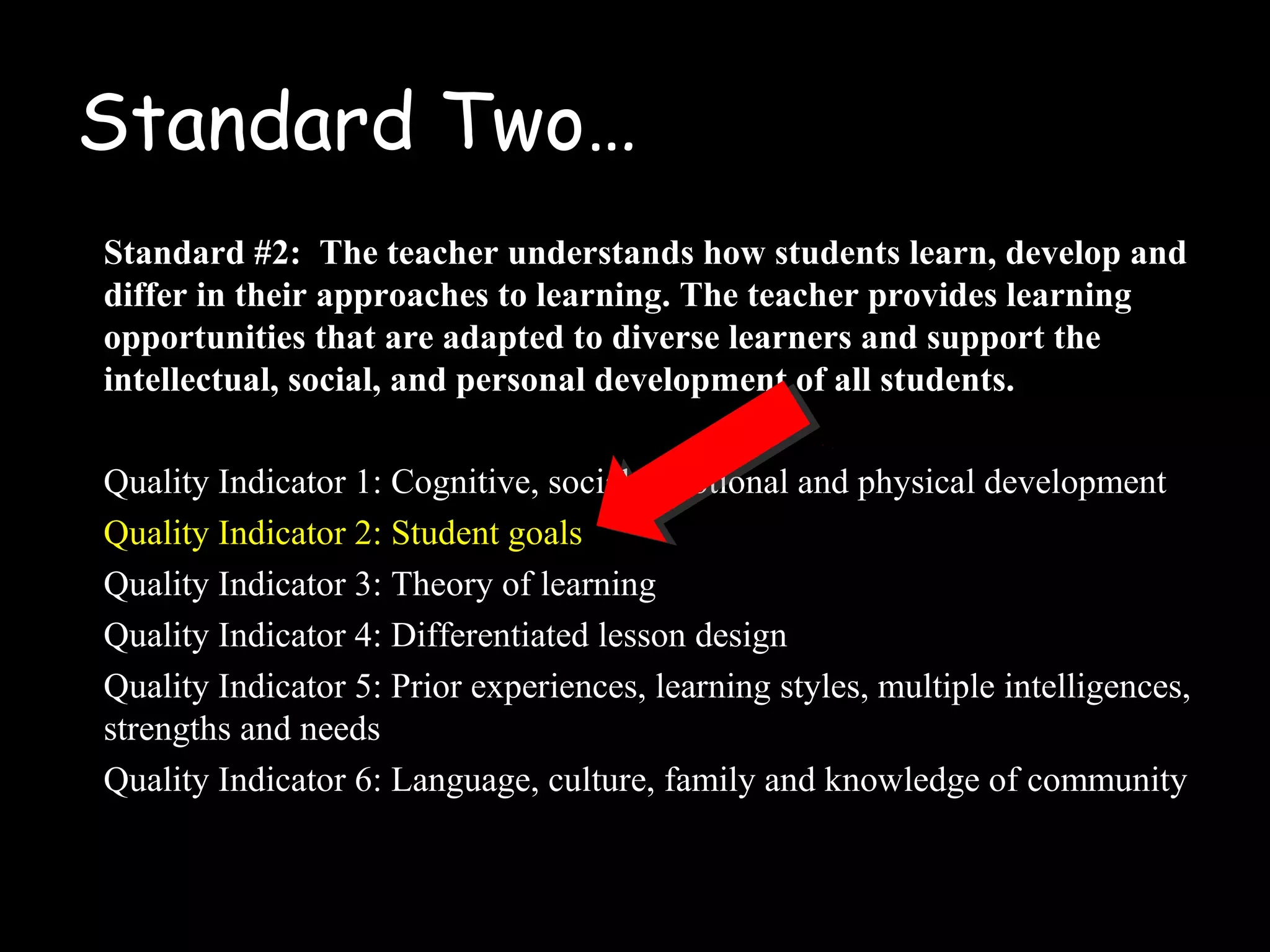 Standard Two…
Standard #2: The teacher understands how students learn, develop and
differ in their approaches to learning. The teacher provides learning
opportunities that are adapted to diverse learners and support the
intellectual, social, and personal development of all students.
Quality Indicator 1: Cognitive, social, emotional and physical development
Quality Indicator 2: Student goals
Quality Indicator 3: Theory of learning
Quality Indicator 4: Differentiated lesson design
Quality Indicator 5: Prior experiences, learning styles, multiple intelligences,
strengths and needs
Quality Indicator 6: Language, culture, family and knowledge of community
 