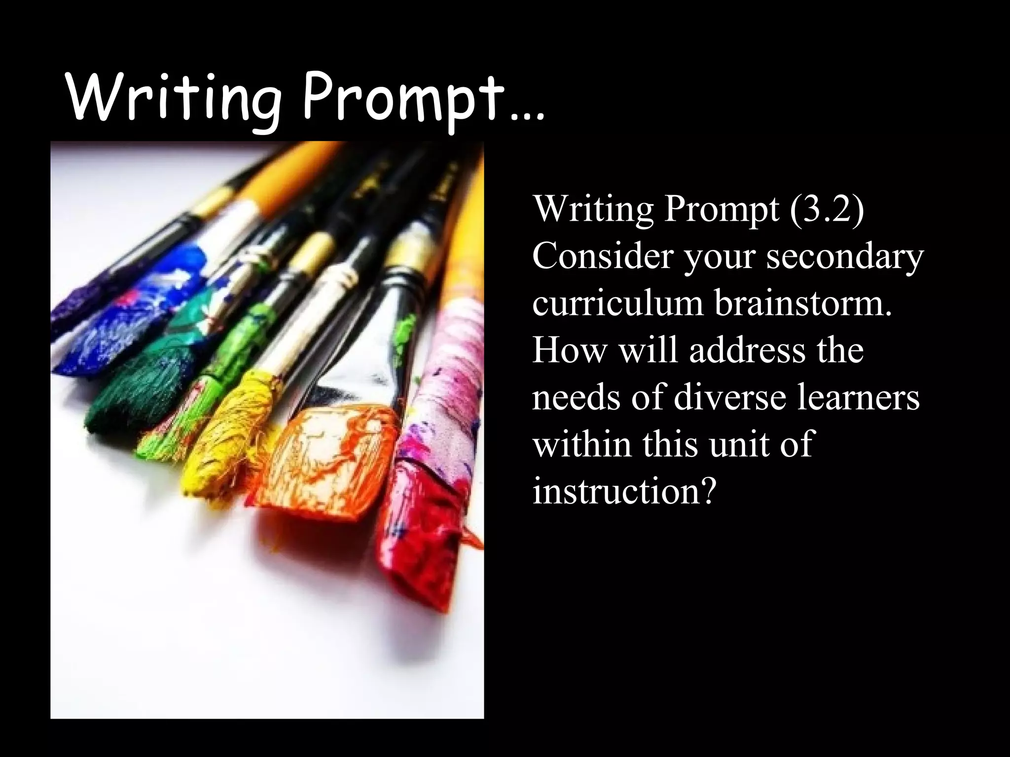Writing Prompt…
Writing Prompt (3.2)
Consider your secondary
curriculum brainstorm.
How will address the
needs of diverse learners
within this unit of
instruction?
 
