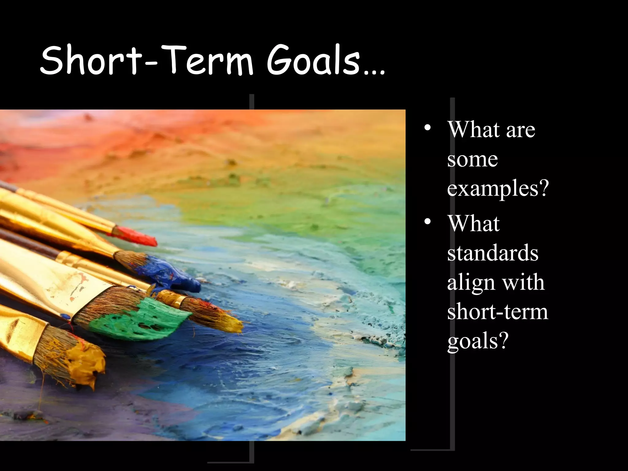 Short-Term Goals…
• What are
some
examples?
• What
standards
align with
short-term
goals?
 