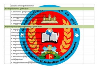 sþIBlkçxNÐénkarsgéføsikSaEdl)ankMNt;
                I
dMeNIrkarpþl;GaharUbkrN_¬sþg;dar5³ cMNuc 4 ¦
            1> maneKalkarN_ sþBIkarpþlGaharUbkrN_c,as;las;Rsbtam
                                  I        ;
            eKalneya)ayrbs; raCrdæaPi)al nig sþg;dar5³ cMNuc 4³ K nig X
            2> )anGnuvtþRsbtameKalkarN_sþIBkarpþl;GaharUbkrN_Edl)ankMNt;
                                                  I
            3> mandMeNIrkarRbkbedaytmøaPaB nigc,as;las;kúñgkarp þlGaharUbkrN_
                                                                     ;
            4> )anpSBVpSaybBa¢IeQµaHnisSitEdlTTYl)anGaharUbkrN_CasaFarN³
karpþle; svakmµrbs;RKwHsßan]tþmsikSacMeBaHnisSit ¬sþgdar5³ cMNuc 5 ¦
                                                      ;
            1> manpþlR; bwkSa GMBIkarsikSadl;nsSit
                                                i
            GMBIkarbMeBjtRmUvkarcaM)ac;kñúgkarTTYl)ansBaØabRtRKb;kRmit
            nigkareRCIserIsCMnajRsbtamtRmUvkarTIpSar
            2> manpþl;esvakarsñak;enARbkbedayRbsiT§PaBdl;nisSit
            3> manpþl;esvamðÚbGaharRbkbedayGnam½ydl;nisSit
            4> manpþl;esvase®gÁaHbzmRbkbedayRbsiT§PaBdl;nisSit
            5> manpþl;esvasnþsuxRbkbedayRbsiTPaBdl;nsSit
                               i                    §      i
            6> manpþl;esvaskmµPaBnanabEnßmdéTeTotRbkbedayRbsiTPaBdl;nisSit
                                                                       §
            7> manbNÑaKar EdlKaMRTdl;kmµvFIsikSa Rsbnwgebskkmµ rbs;RKwHsßan
                                              i
            8> maneKalneya)aysþBIsiTi§ nigkarTTYlxusRtUvkñgkarsikSa
                                     I                       ú
            rbs;nsSitc,as;las;
                  i
            9> )anpSBVpSayeKalneya)aysþIBIsiTi§ nigkarTTYlxusRtUvkñúgkarsikSa
 