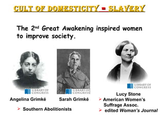 Cult of DomestiCityCult of DomestiCity == slaveryslavery
The 2nd
Great Awakening inspired women
to improve society.
Angelina Grimké Sarah Grimké
 Southern Abolitionists
Lucy Stone
 American Women’s
Suffrage Assoc.
 edited Woman’s Journal
R2-9
 