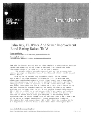 Palm Bay, FL Water and Sewer Improvement Bond Rating Raised to 'A"