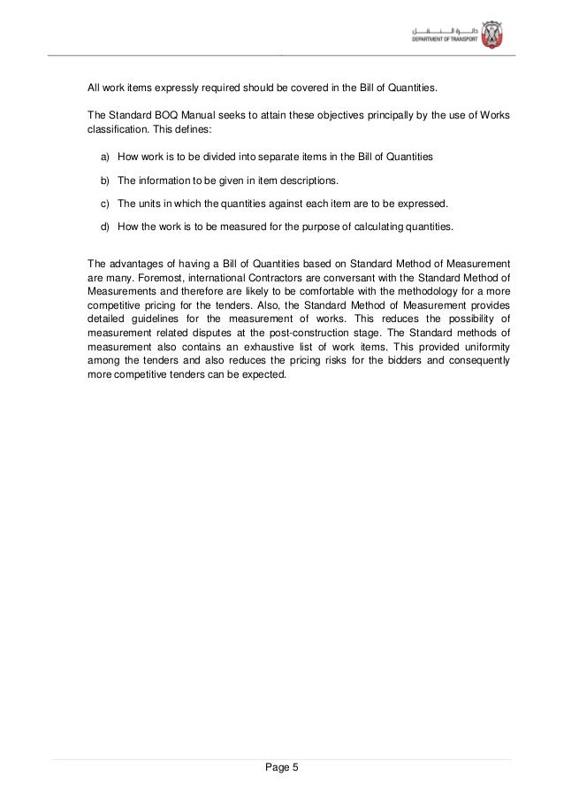 is letter required cover bill quantities of Standard