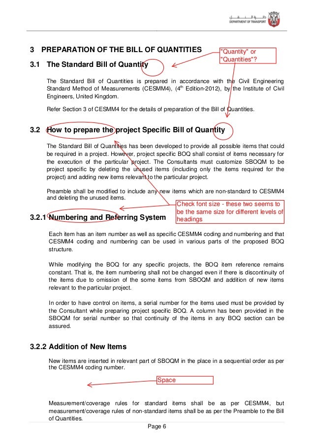 Standard bill of quantities