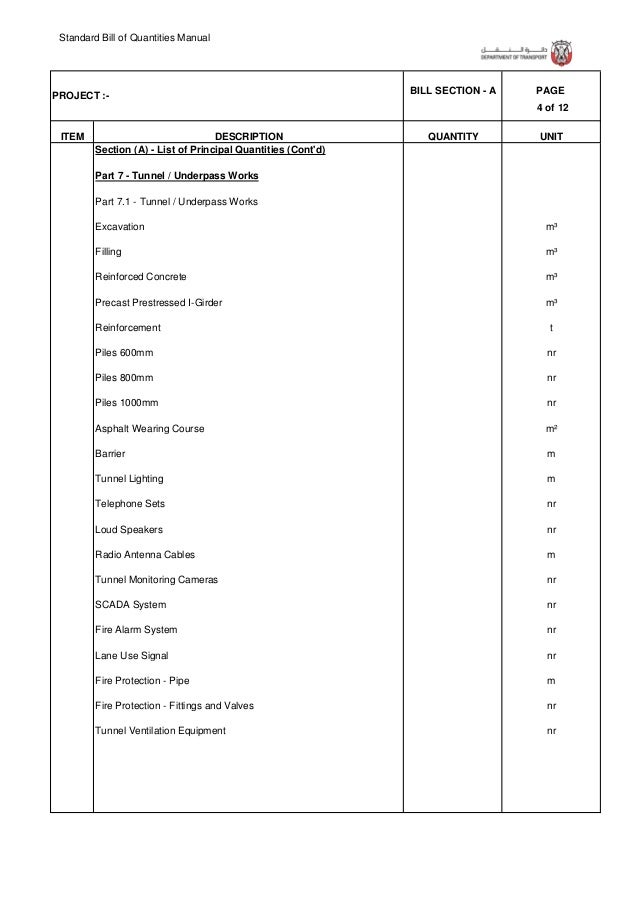 standard bill of quantities