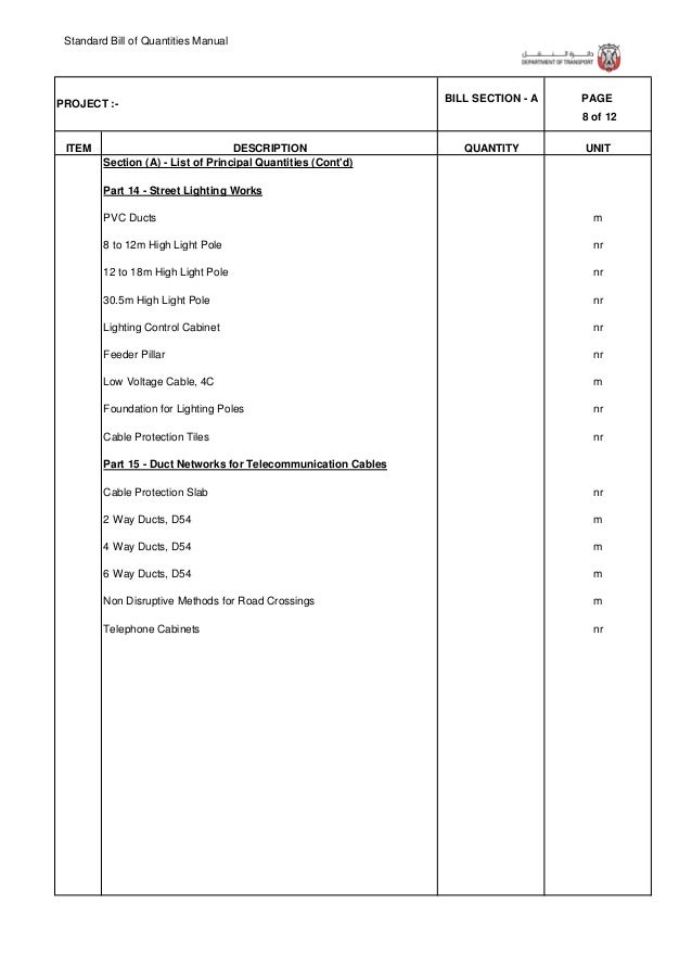 standard bill of quantities standard bill