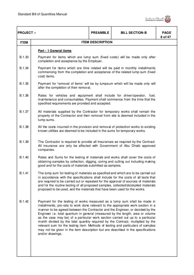 standard bill of quantities