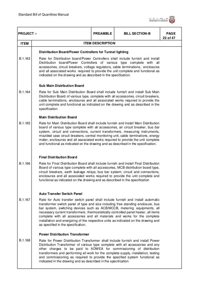 Standard bill of quantities