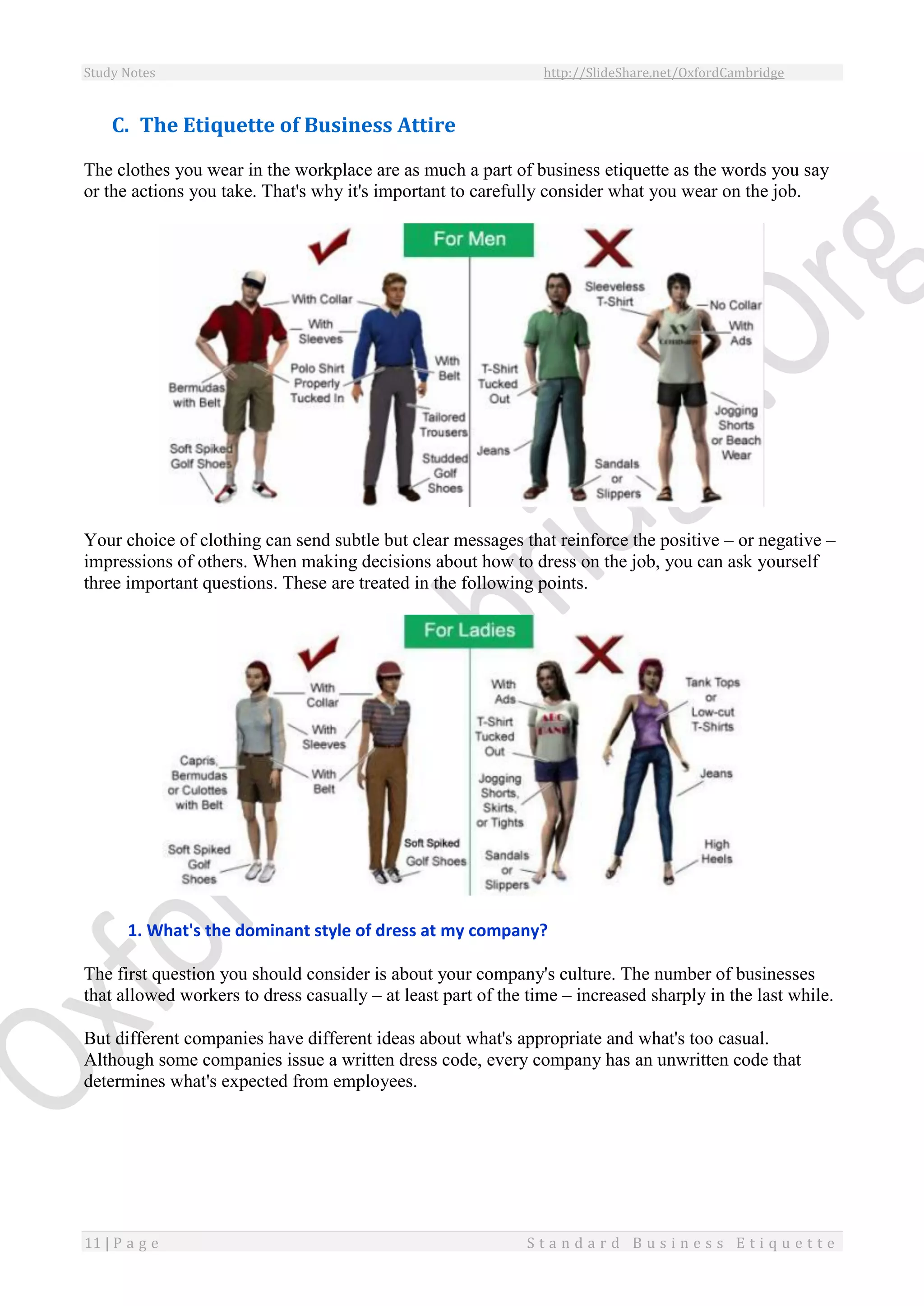 Study Notes http://SlideShare.net/OxfordCambridge
11 | P a g e S t a n d a r d B u s i n e s s E t i q u e t t e
C. The Etiquette of Business Attire
The clothes you wear in the workplace are as much a part of business etiquette as the words you say
or the actions you take. That's why it's important to carefully consider what you wear on the job.
Your choice of clothing can send subtle but clear messages that reinforce the positive – or negative –
impressions of others. When making decisions about how to dress on the job, you can ask yourself
three important questions. These are treated in the following points.
1. What's the dominant style of dress at my company?
The first question you should consider is about your company's culture. The number of businesses
that allowed workers to dress casually – at least part of the time – increased sharply in the last while.
But different companies have different ideas about what's appropriate and what's too casual.
Although some companies issue a written dress code, every company has an unwritten code that
determines what's expected from employees.
 