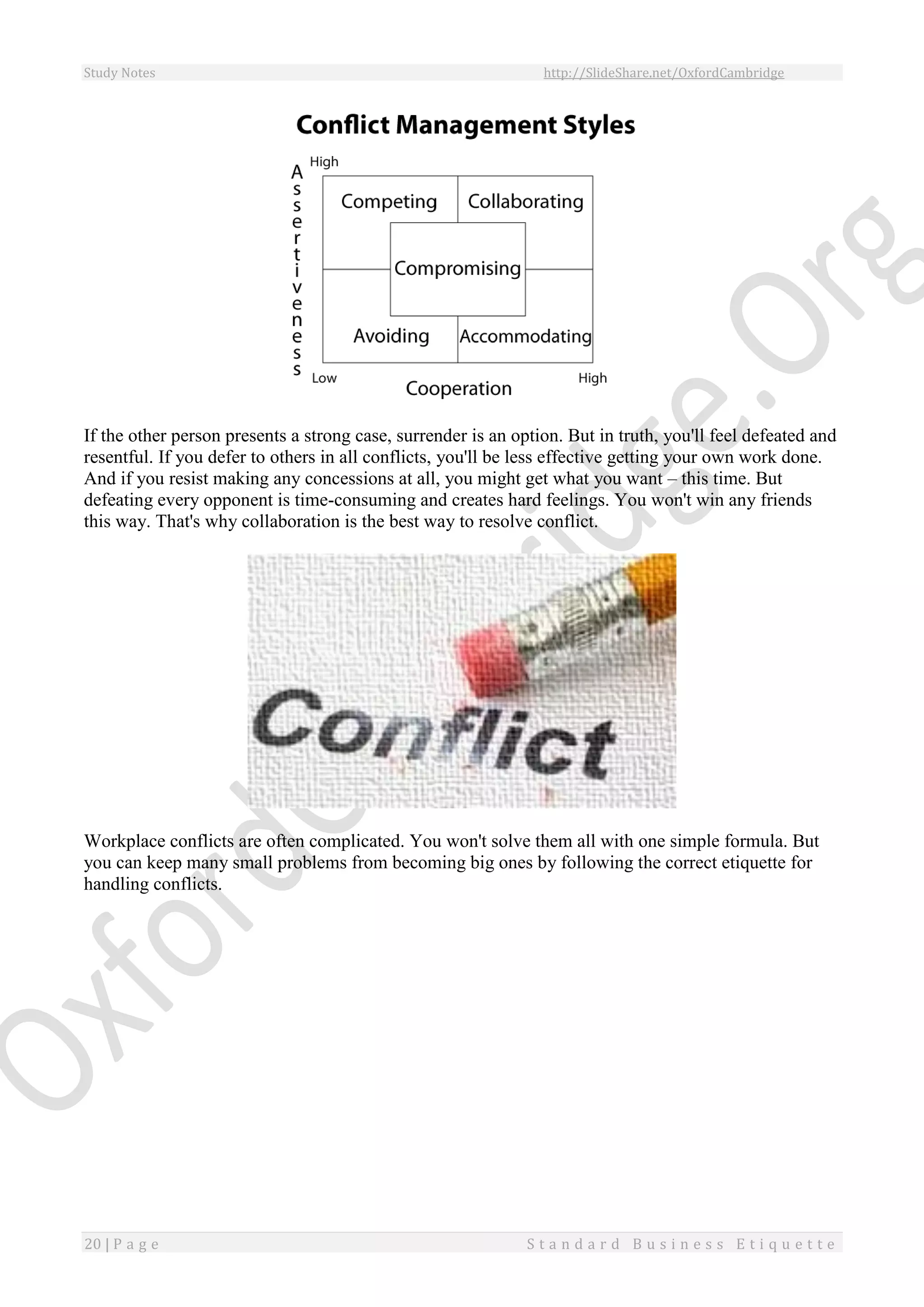 Study Notes http://SlideShare.net/OxfordCambridge
20 | P a g e S t a n d a r d B u s i n e s s E t i q u e t t e
If the other person presents a strong case, surrender is an option. But in truth, you'll feel defeated and
resentful. If you defer to others in all conflicts, you'll be less effective getting your own work done.
And if you resist making any concessions at all, you might get what you want – this time. But
defeating every opponent is time-consuming and creates hard feelings. You won't win any friends
this way. That's why collaboration is the best way to resolve conflict.
Workplace conflicts are often complicated. You won't solve them all with one simple formula. But
you can keep many small problems from becoming big ones by following the correct etiquette for
handling conflicts.
 