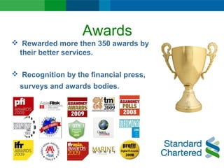 Awards
 Rewarded more then 350 awards by
their better services.
 Recognition by the financial press,
surveys and awards bodies.
 