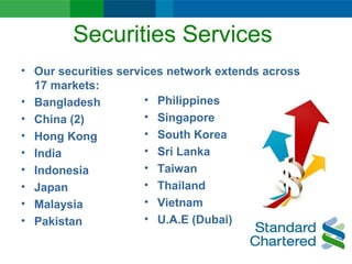 Securities Services
• Our securities services network extends across
17 markets:
• Bangladesh
• China (2)
• Hong Kong
• India
• Indonesia
• Japan
• Malaysia
• Pakistan
• Philippines
• Singapore
• South Korea
• Sri Lanka
• Taiwan
• Thailand
• Vietnam
• U.A.E (Dubai)
 