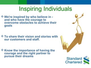 Inspiring Individuals
 We're inspired by who believe in -
and who have the courage to
overcome obstacles to achieve their
goals
 To share their vision and stories with
our customers and staff.
 Know the importance of having the
courage and the right partner to
pursue their dreams
 