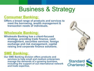 Business & Strategy
Consumer Banking:
Offers a broad range of products and services to
meet the borrowing, wealth management &
transaction needs of individuals.
Wholesale Banking:
Wholesale Banking has a client-focused
strategy, providing trade finance, cash
management, securities services, foreign
exchange and risk management, capital
raising and corporate finance solutions.
SME Banking:
Our SME Banking division offers products and
services to help small and medium enterprises
manage the demands of a growing business,
including the support of out international network
and trade expertise.
 
