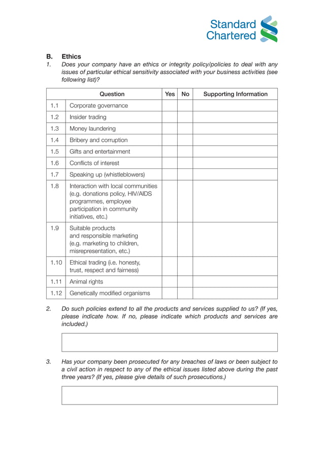 Standard Chartered Bank supplier questionnaire PDF