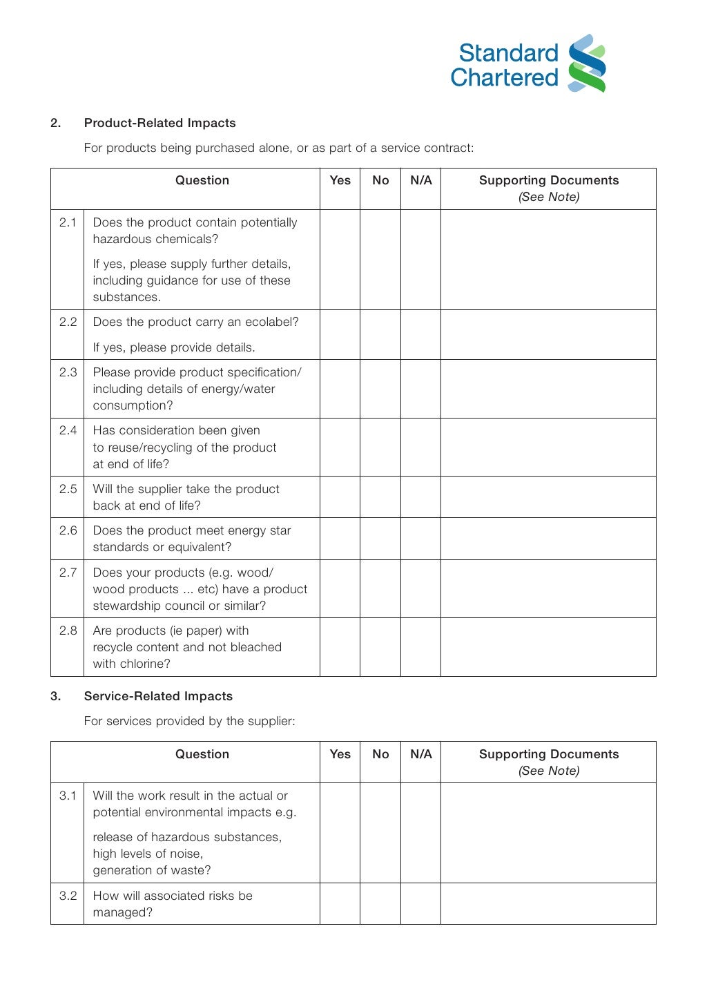 Standard Chartered Bank supplier questionnaire