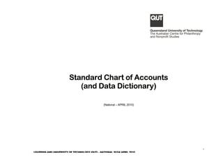 1
©QUEENSLAND UNIVERSITY OF TECHNOLOGY (QUT) – NATIONAL SCOA APRIL 2010
Standard Chart of Accounts
(and Data Dictionary)
(National – APRIL 2010)
 