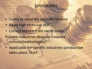 LimitationsCostly as need the periodic revisionNeed high technical skillCorrect standard are rarely madeSome Industries demand frequent revision(technological)Applicable for specific industries (production takes place >1yr) 