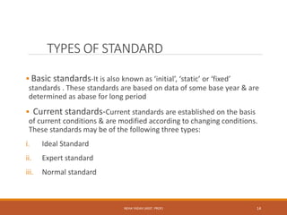 TYPES OF STANDARD
 Basic standards-It is also known as ‘initial’, ‘static’ or ‘fixed’
standards . These standards are based on data of some base year & are
determined as abase for long period
 Current standards-Current standards are established on the basis
of current conditions & are modified according to changing conditions.
These standards may be of the following three types:
i. Ideal Standard
ii. Expert standard
iii. Normal standard
14NEHA YADAV (ASST. PROF)
 