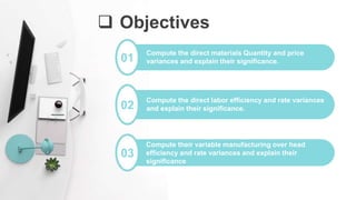  Objectives
01
Compute the direct materials Quantity and price
variances and explain their significance.
02
Compute the direct labor efficiency and rate variances
and explain their significance.
03
Compute their variable manufacturing over head
efficiency and rate variances and explain their
significance
 