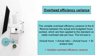 The variable overhead efficiency variance is the di
fference between the actual and budgeted hours
worked, which are then applied to the standard va
riable overhead rate per hour. The formula is:
(Actual hours × Actual rate) – (Actual hours × St
andard rate)
= Variable overhead efficiency variance
Overhead efficiency variance
 