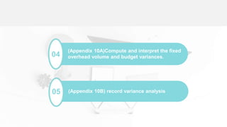 04
(Appendix 10A)Compute and interpret the fixed
overhead volume and budget variances.
05 (Appendix 10B) record variance analysis
 
