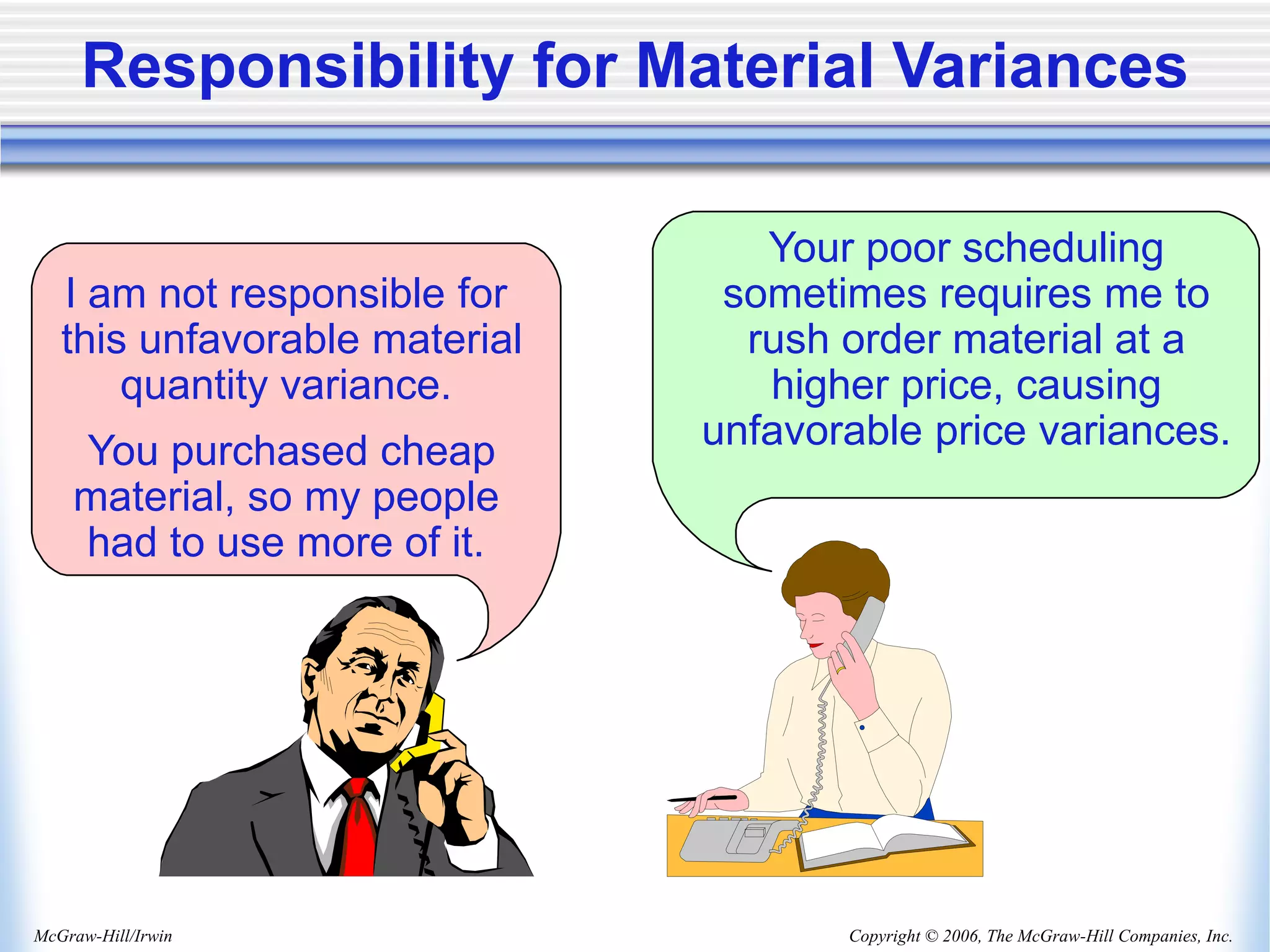 Copyright © 2006, The McGraw-Hill Companies, Inc.
McGraw-Hill/Irwin
I am not responsible for
this unfavorable material
quantity variance.
You purchased cheap
material, so my people
had to use more of it.
Your poor scheduling
sometimes requires me to
rush order material at a
higher price, causing
unfavorable price variances.
Responsibility for Material Variances
 