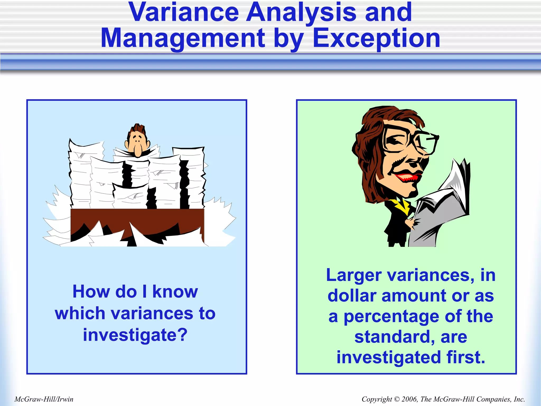 Copyright © 2006, The McGraw-Hill Companies, Inc.
McGraw-Hill/Irwin
Variance Analysis and
Management by Exception
How do I know
which variances to
investigate?
Larger variances, in
dollar amount or as
a percentage of the
standard, are
investigated first.
 